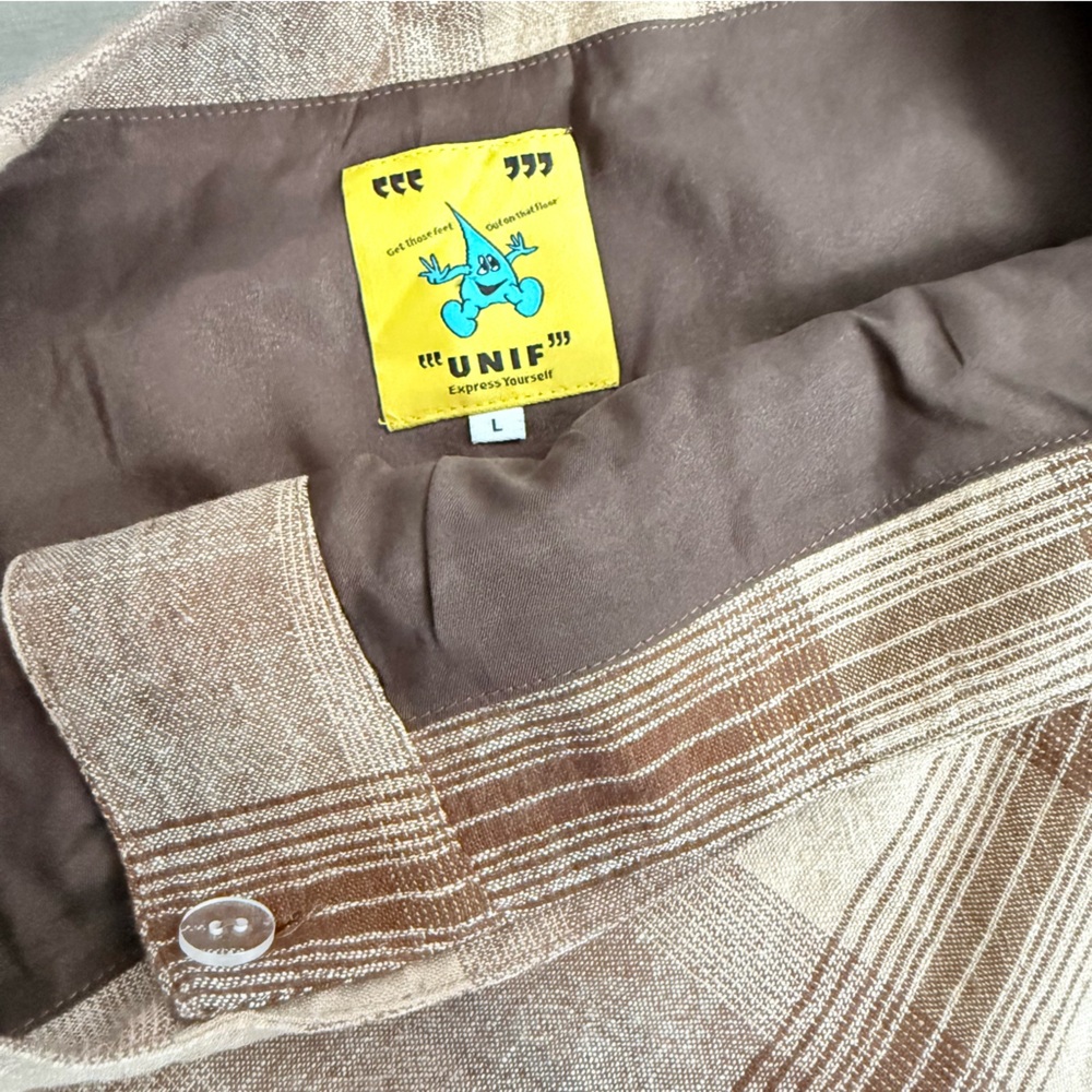 UNIF WITZ SKIRT L Mini Wrap Linen Blend Brown Cream Plaid Academia Schoolgirl - Picture 9 of 14